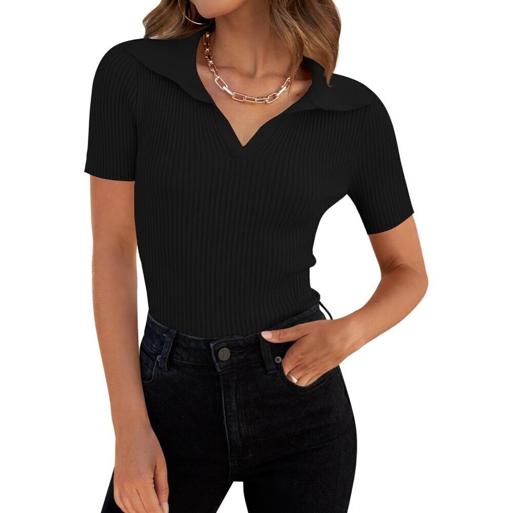 Women's V-Neck T Shirt Short Sleeve Ribbed Knit Slim Fit Basic Tops